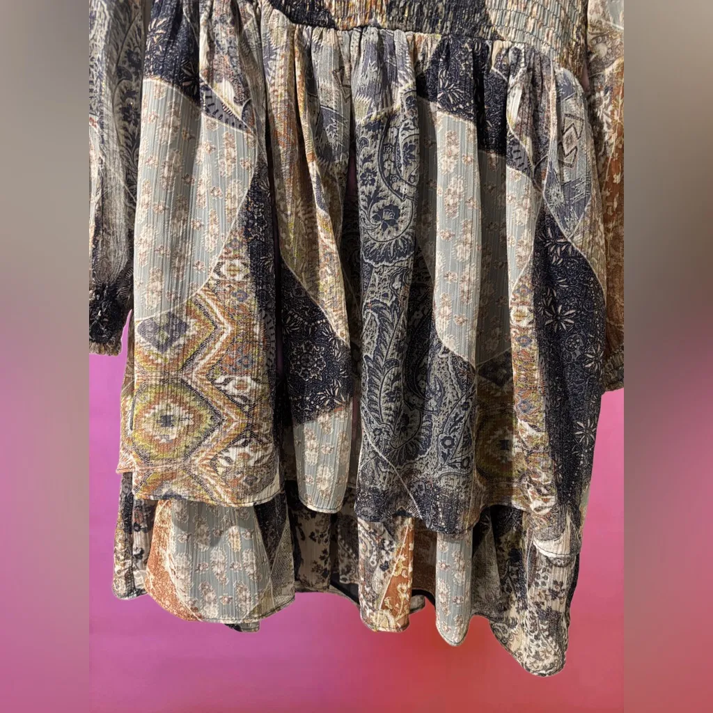 Zara Navy & Orange Paisley Ruffled V-Neck Mini Dress w/ Peasant Sleeves - Small - Image 4