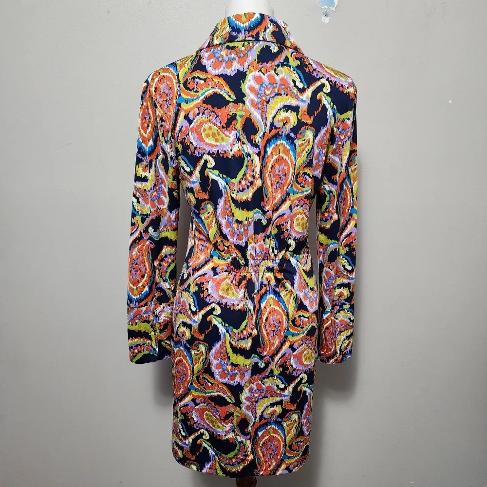 Tracy Negoshian Navy Orange Paisley Collared Long Sleeve Dress Size Medium - Image 5