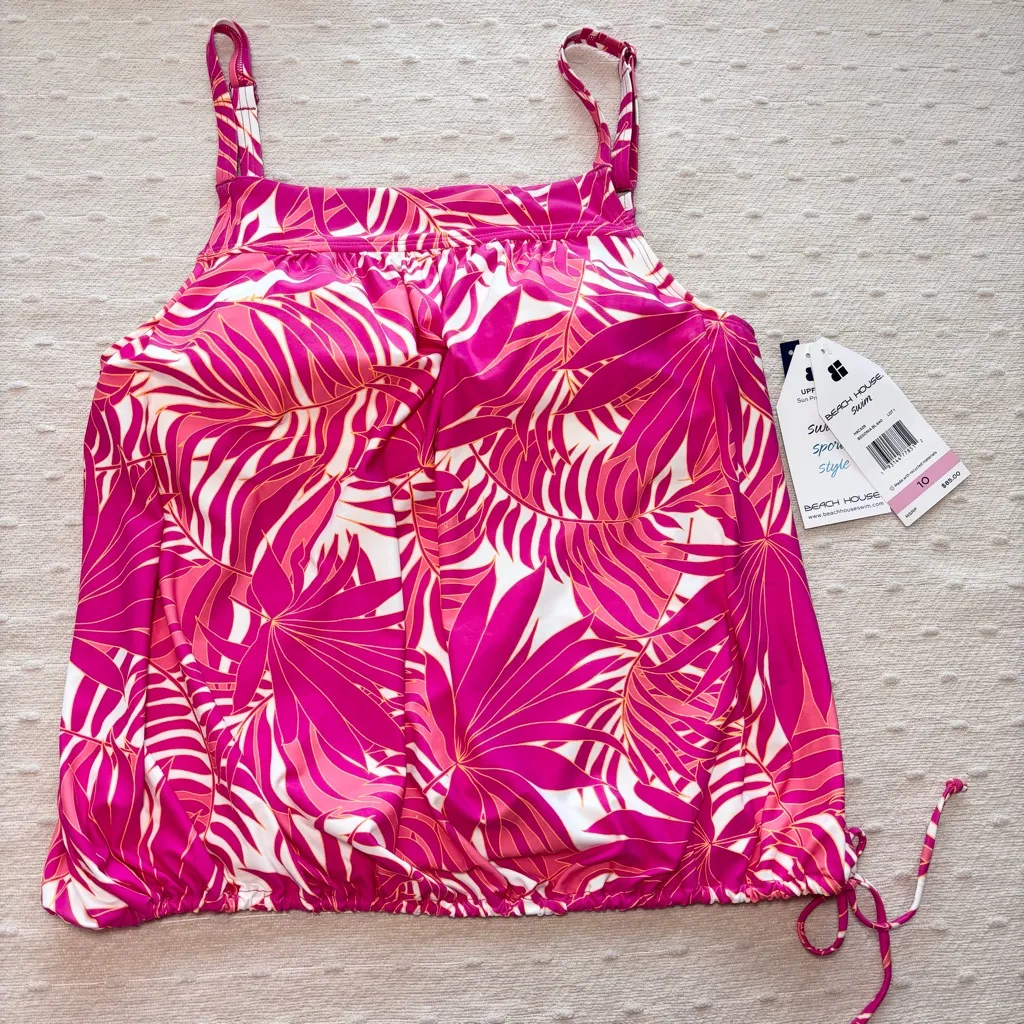 Beach House Aqua Palm‎ Swim Top Tropical Pink Leaf Print Women's Top Size 10 - Image 7