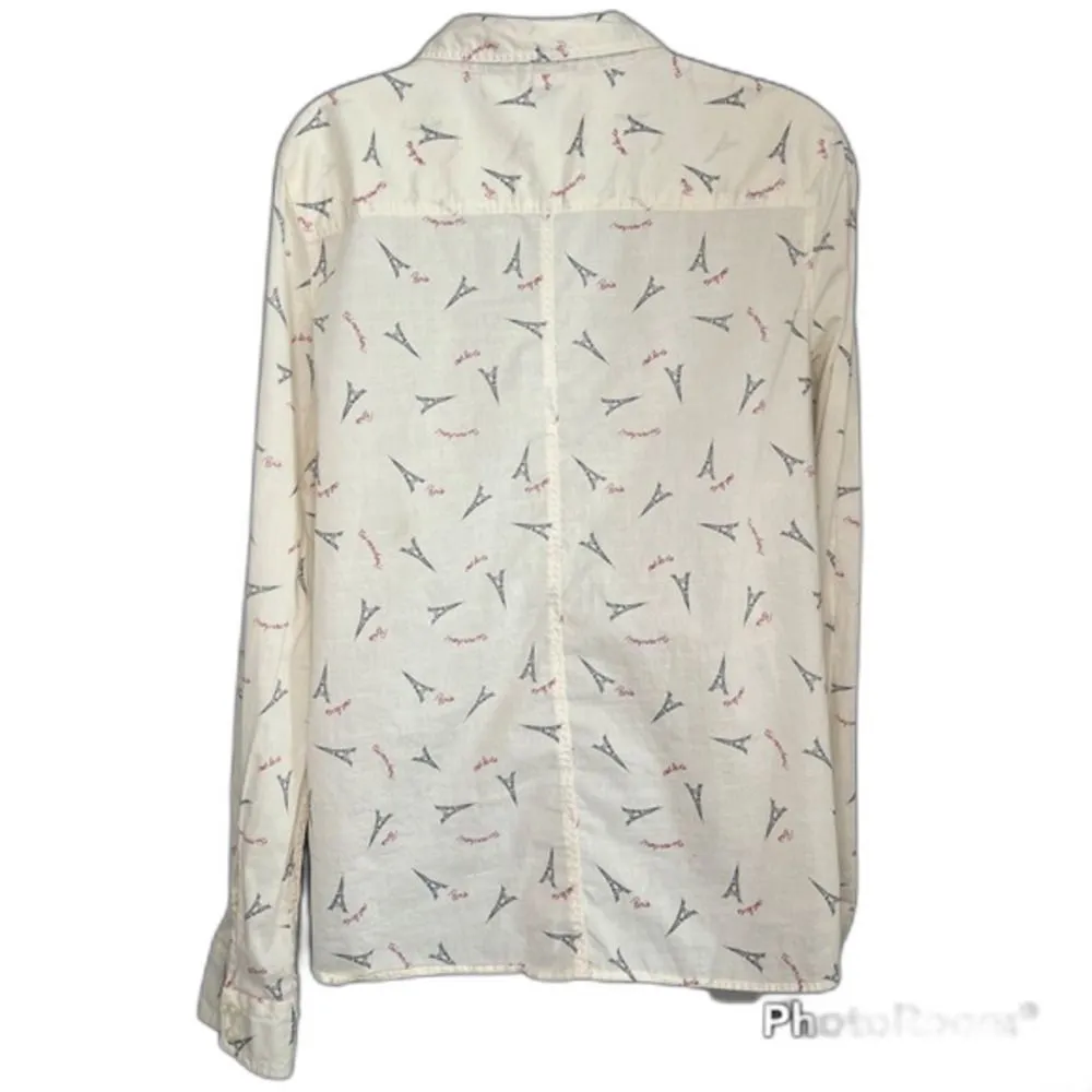 JCPenney Women's Cream Eiffel Tower Print Button Front Top Size Large Blue - Image 2