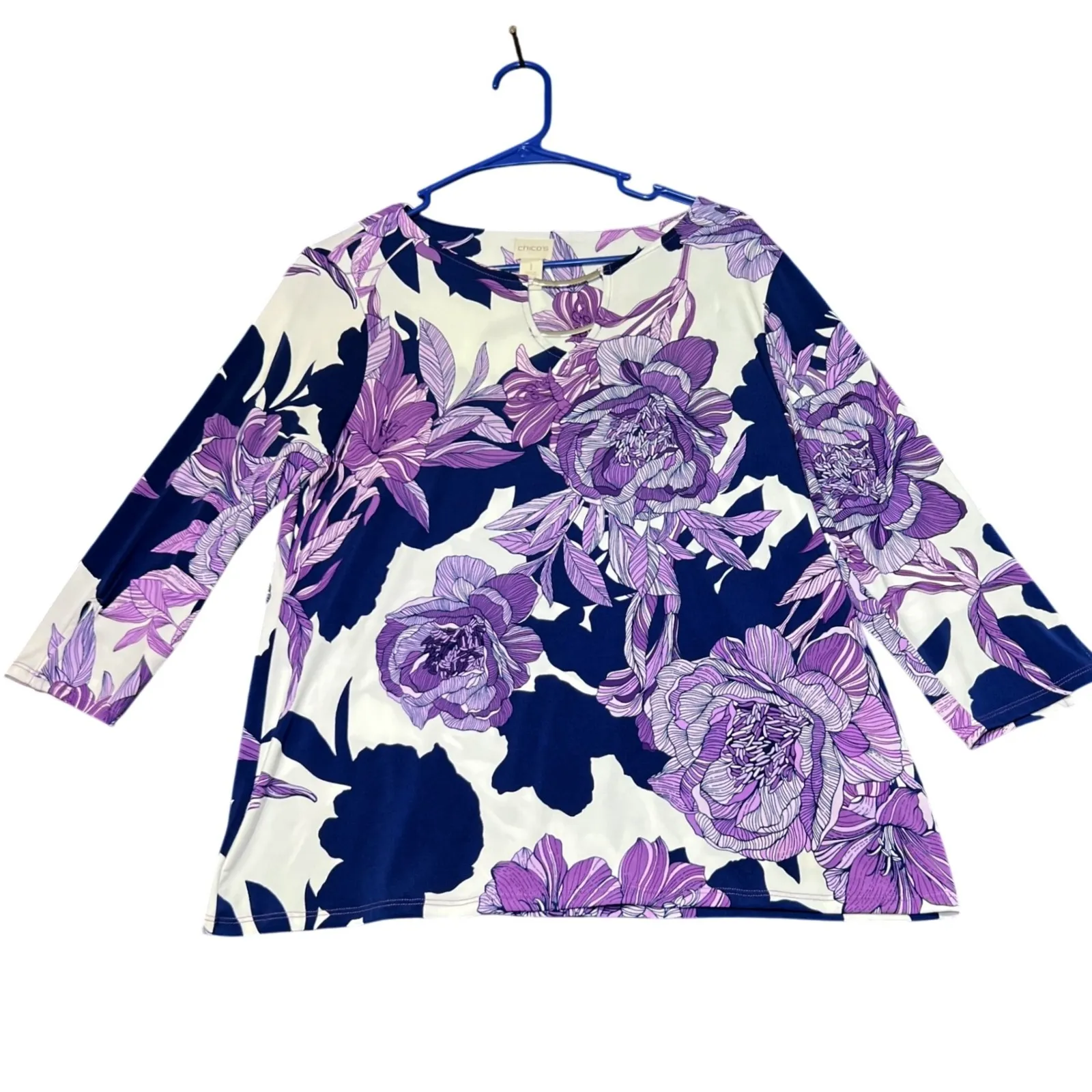 Chicos Floral Blouse Womens 1 Purple 3/4 Sleeve Top Work Career Party Preppy - Image 2