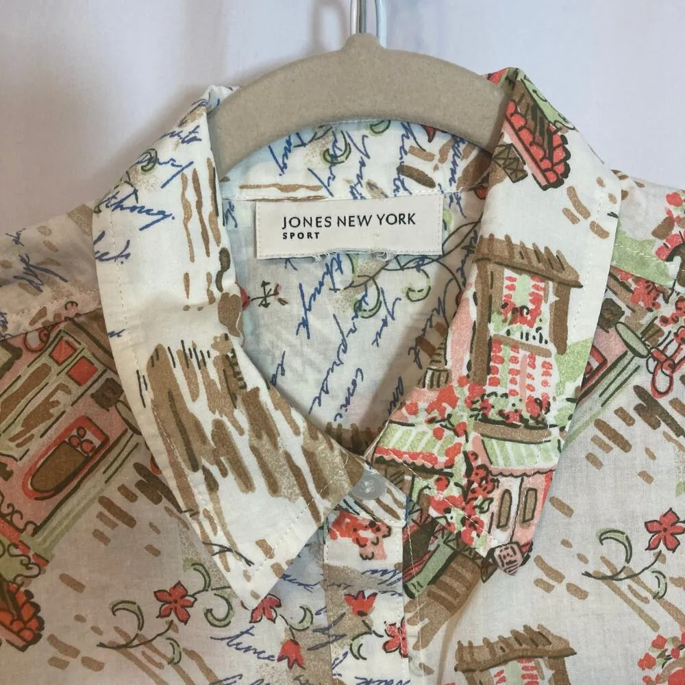 Jones New York Sport Cotton Multicolor Floral Cap Sleeve Button Shirt Blouse Top - Image 2