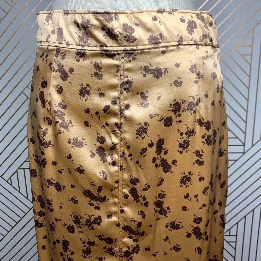 Zara Floral Print‎ Slip Midi Skirt In Tan Gold Brown Satin Size US Medium - Image 6