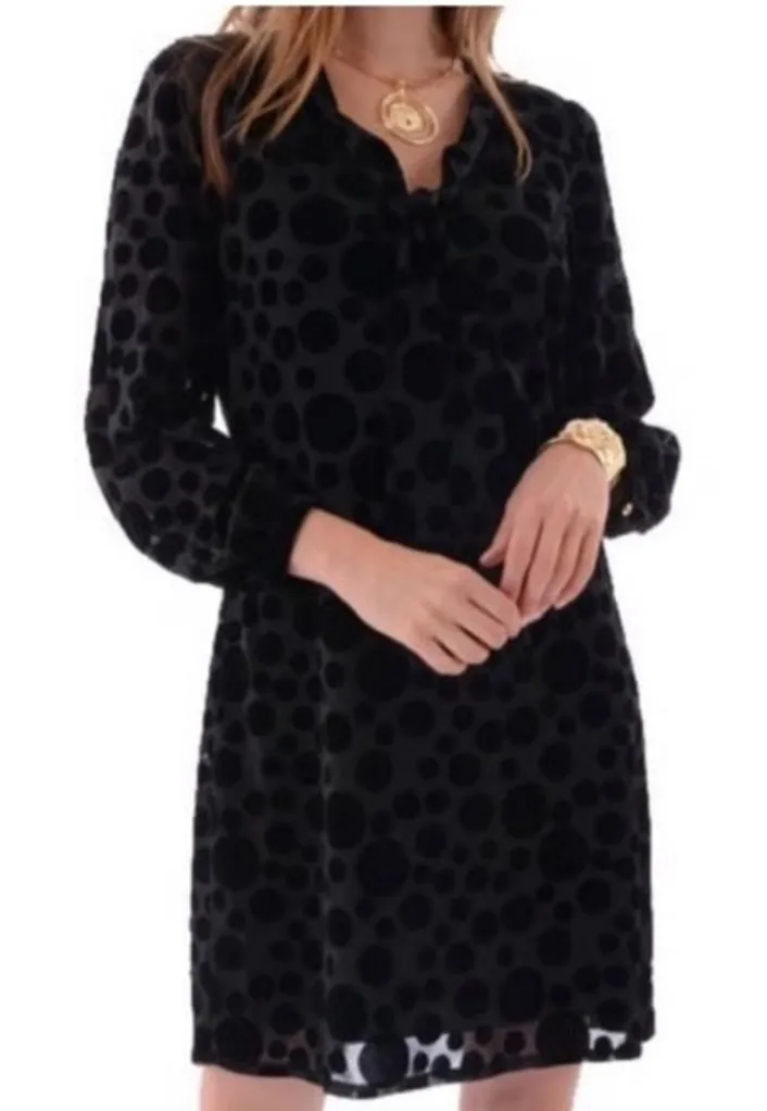 Sail to Sable Timeless Black Velvet Burnout Polka Dot Bow Front Dress Size 6 S - Image 1