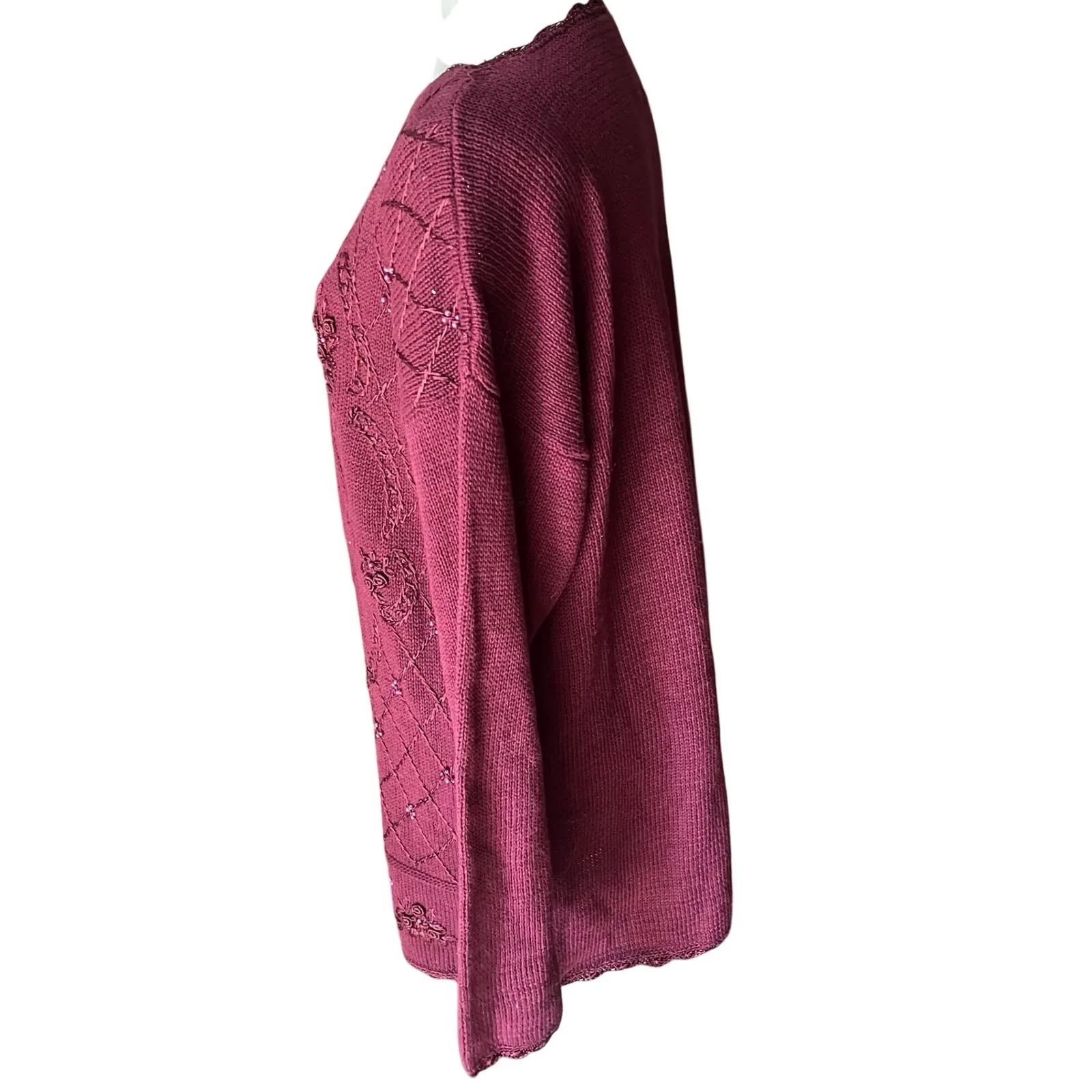 Vtg Selleca Women's Medium Beaded Embellished Knit Sweater Burgundy Grandmacore Red - Image 5