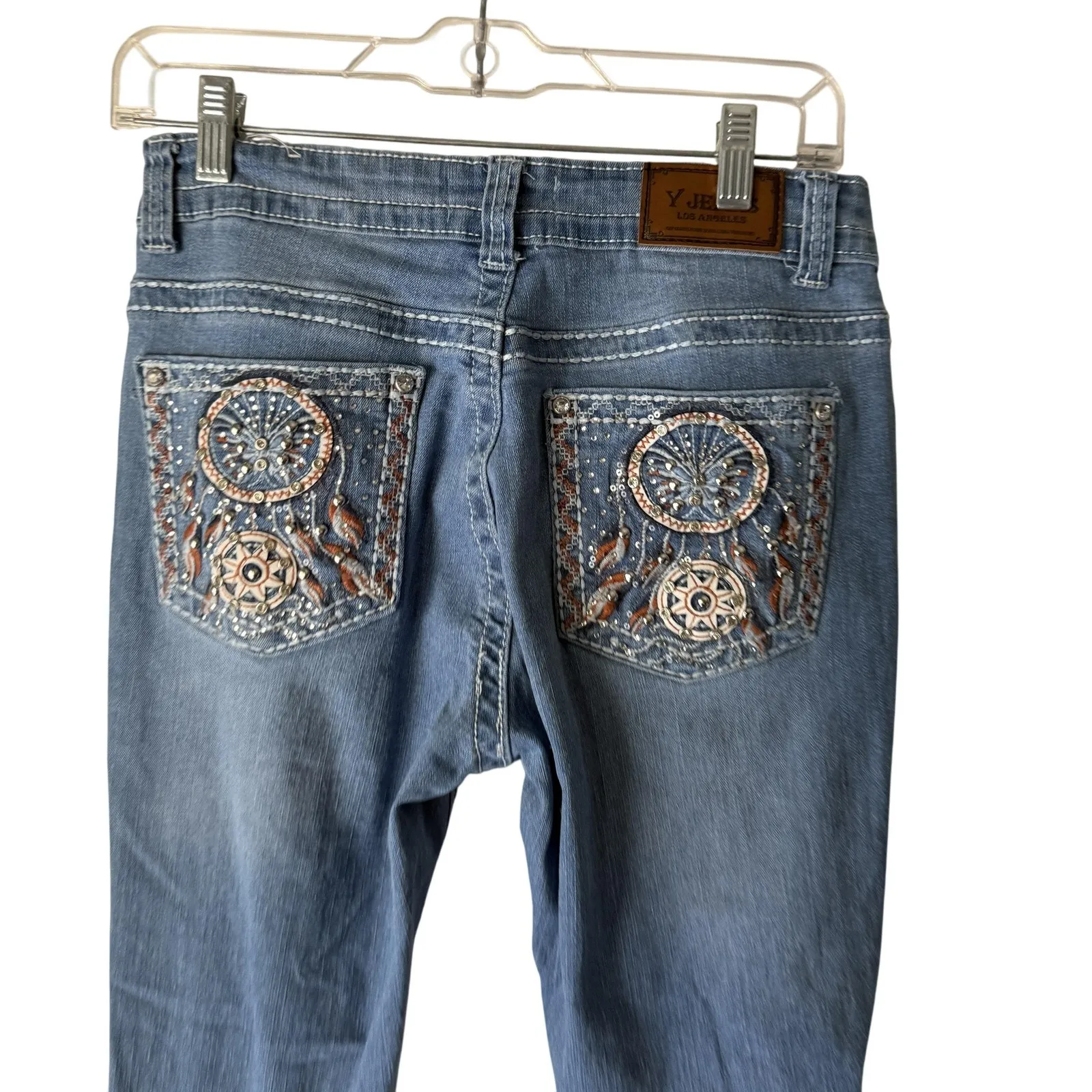 Y Jeans Jeans Y2k‎ 9/10 Blue Flare Distressed Embroidered Boho Sequin Pockets Size 28 - Image 2