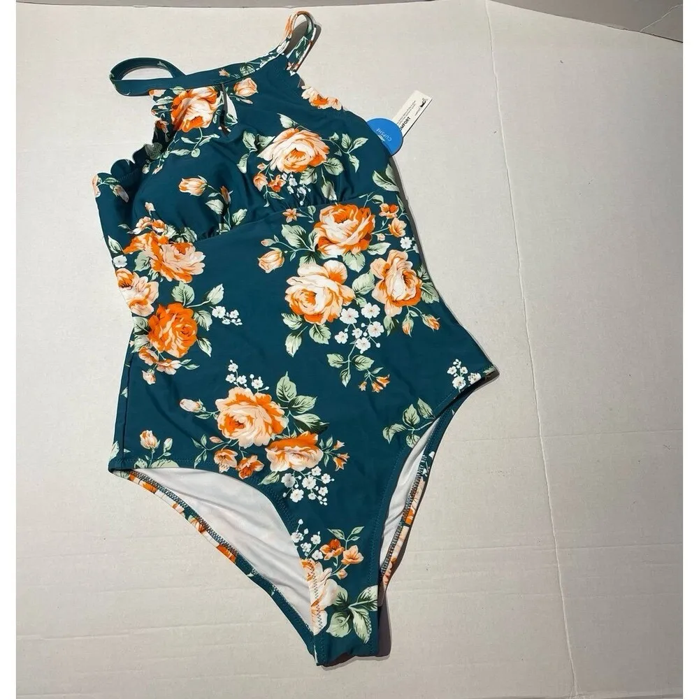 Cupshe Teal Floral Scalloped One Piece Swimsuit Size S New With Tags - Image 5