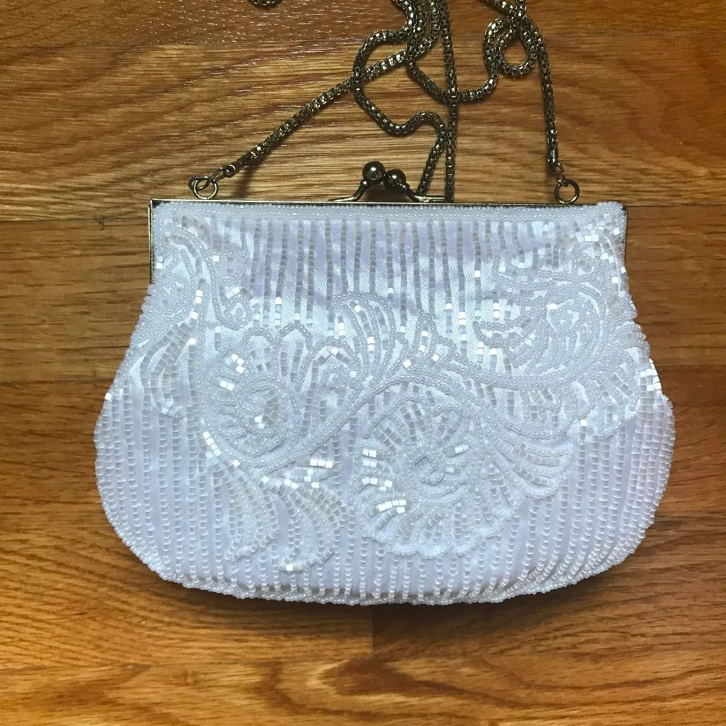 *Vintage* Whimsigoth Victorian Glam 1920s Flapper Beaded Ivory Bag White - Image 1