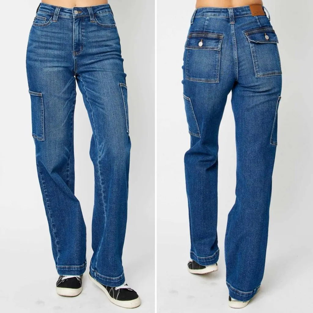 Judy Blue Cargo Wide Leg Jeans Size 7 | 28 High Rise Dark Wash Utility Denim - Image 10