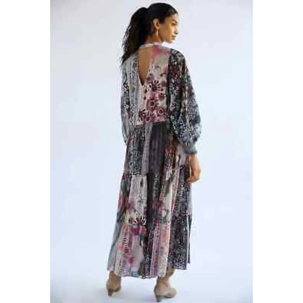 Anthropologie Long Sleeve Tiered Maxi Dress Floral Beaded Patchwork Geisha - Image 4