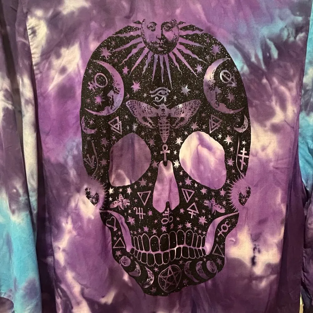 Hot Topic Purple Blue Black Tie Dye Glitter Skull Kimono Women's Sz Medium Large - Image 4