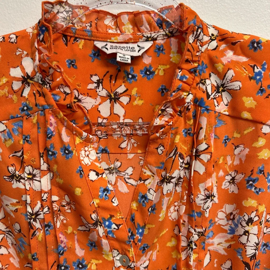 Nanette Lepore Orange Floral Pintuck Button Down Shirt - Image 3