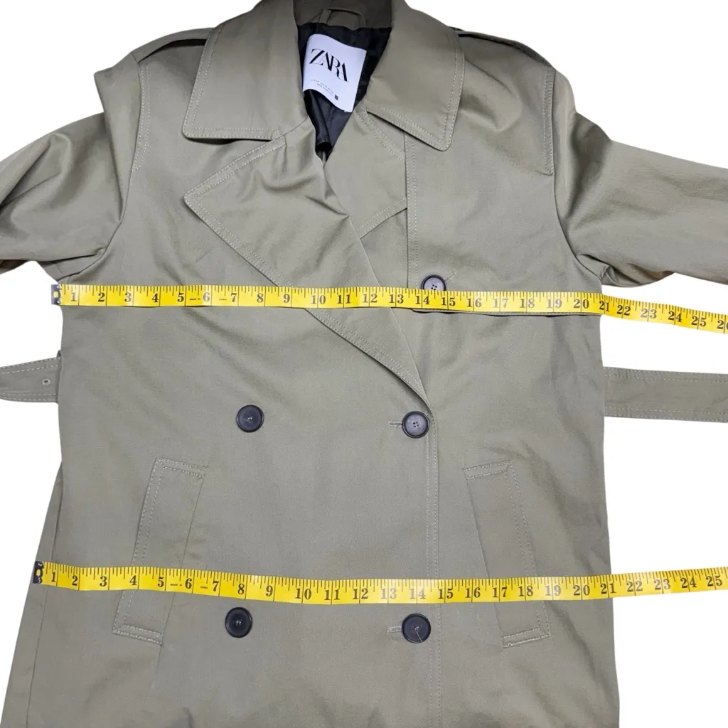 ZARA Oversized Belted Double Breasted Long Trench Coat Khaki Taupe Green XSmall - Image 14