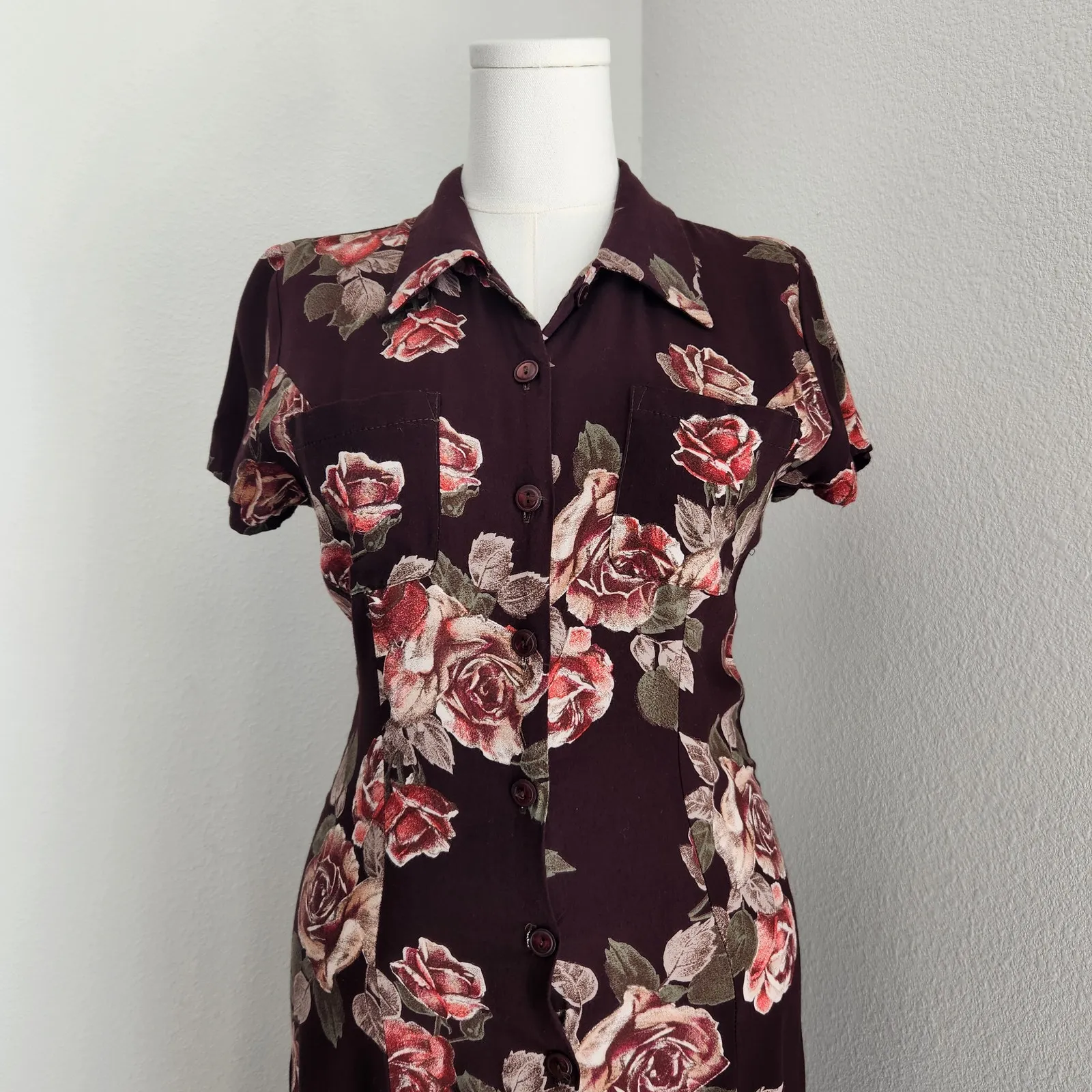 90s IZ California Brown Rose Print Button Front Midi Shirt Dress Short Sleeve M Size 8 - Image 2