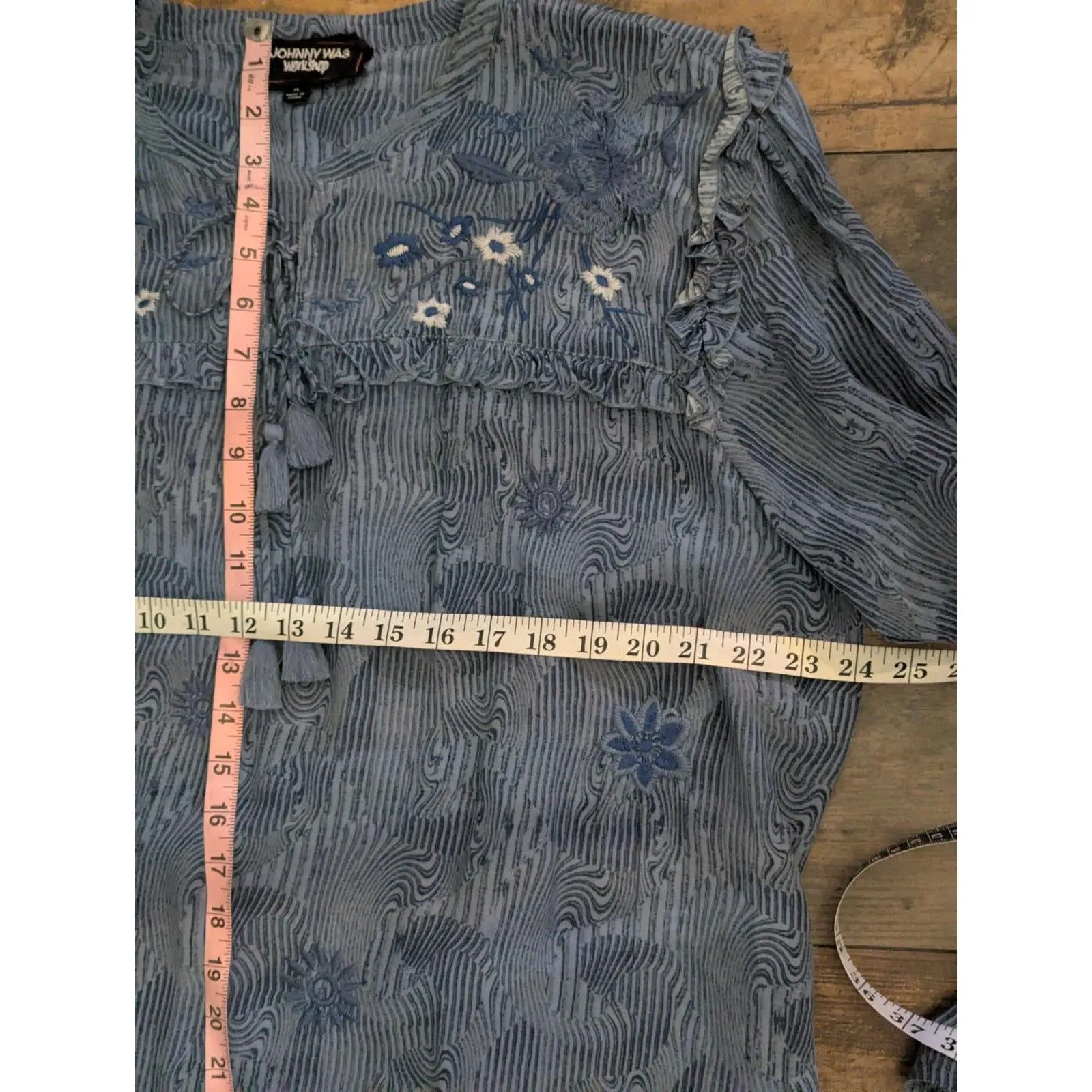 Johnny Was Workshop XL Blue Silk Tunic Blouse Embroidered Ruffle Tassel Boho - Image 8