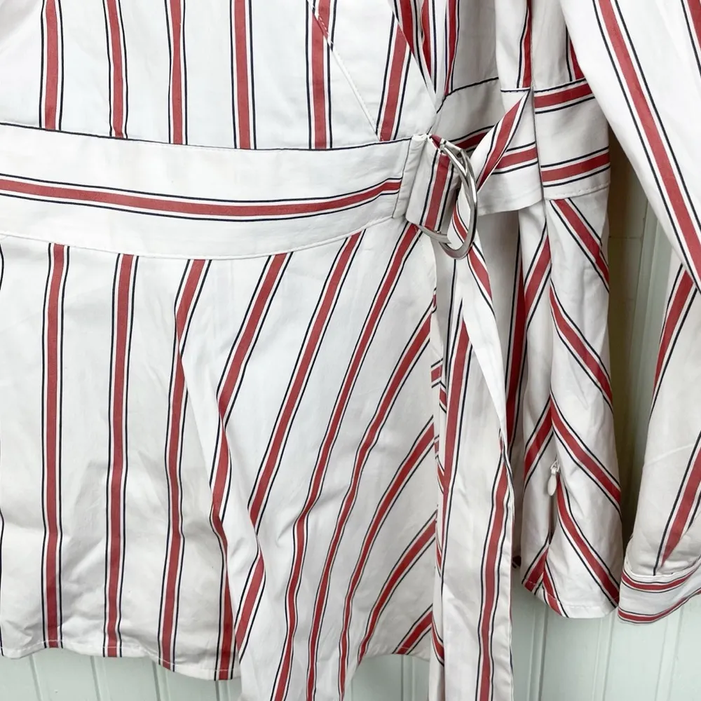 Lane Bryant White Brick Red Striped Long Sleeve Faux Wrap Blouse Women's Size 18 - Image 6