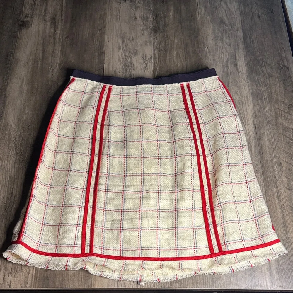 Dolce & Gabanna Red and Cream Plaid A-Line Linen Blend Skirt - Image 6