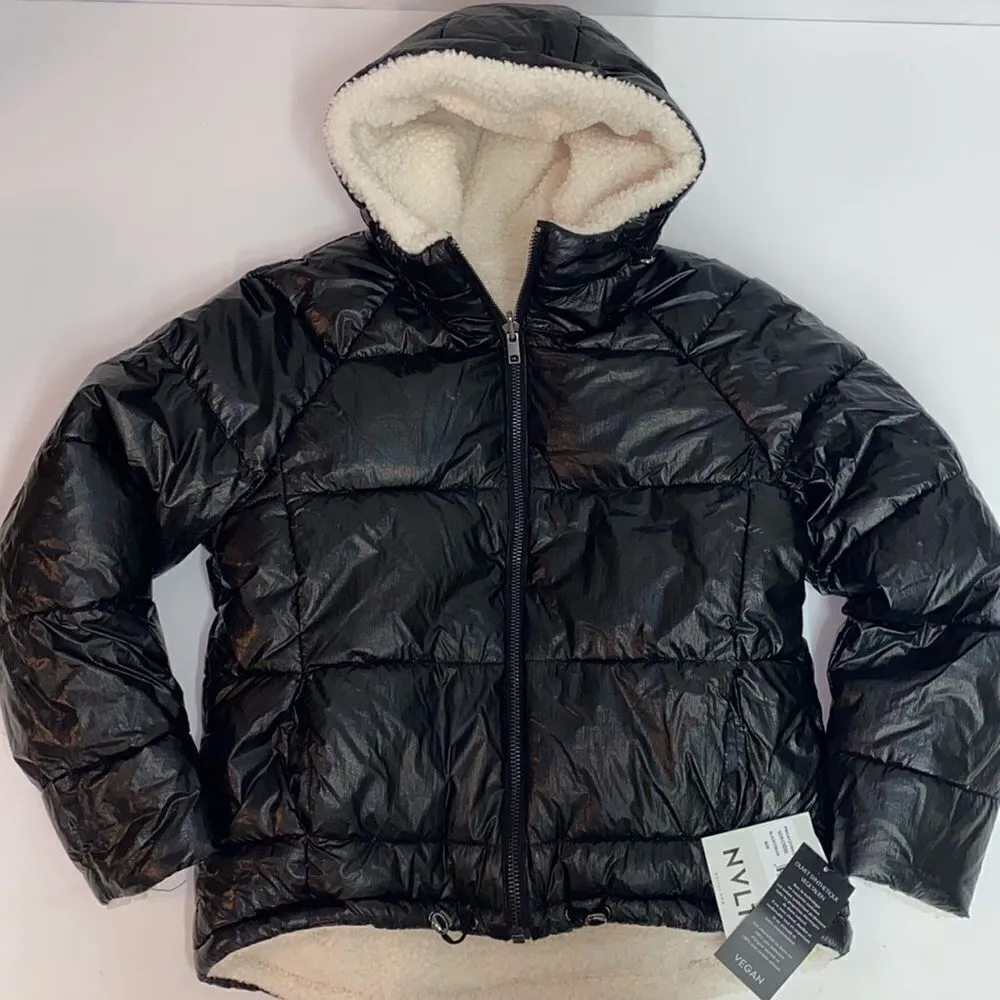 NVLT Anthropologie Black & Ivory Teddy Sherpa Lined Reversible Puffer Coat Size M - Image 4