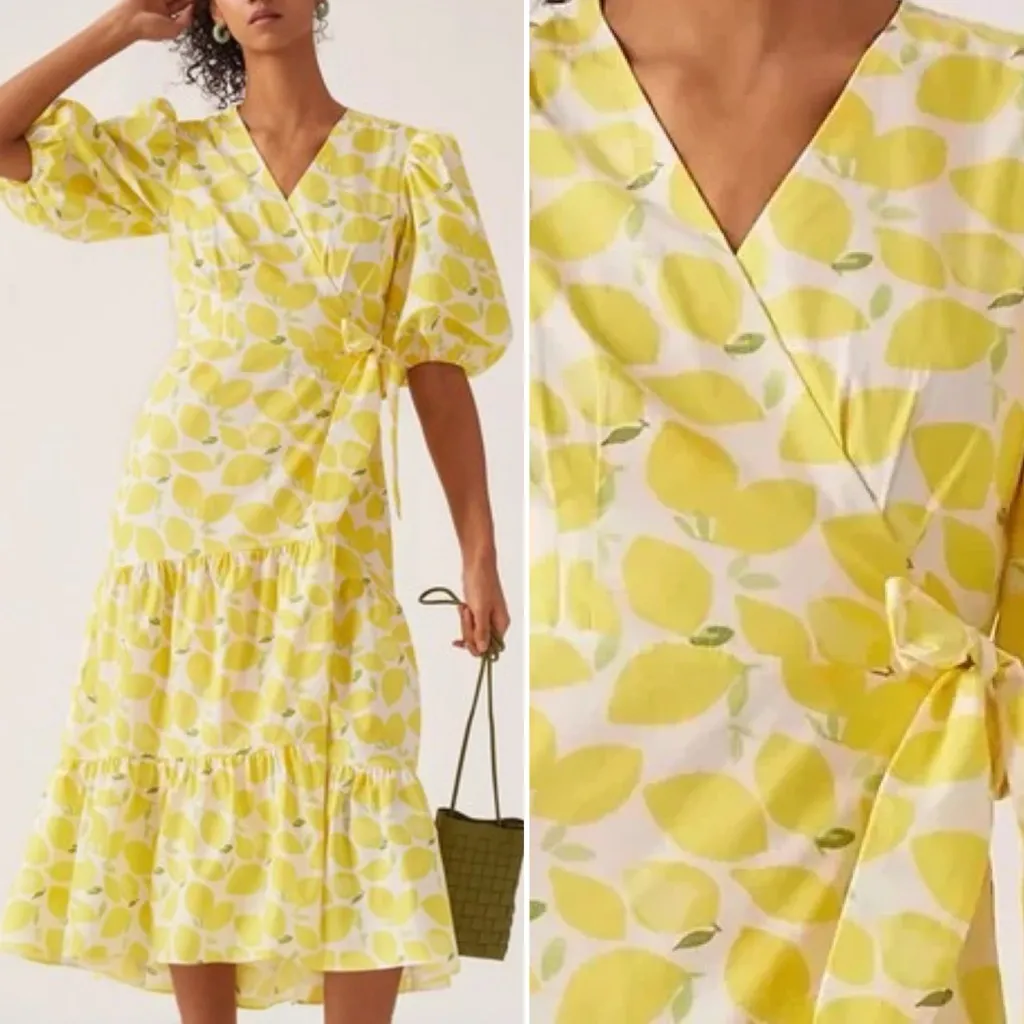 Hutch Lemon Print Puff Sleeve Wrap Midi Dress Yellow White Cotton Size Mecium - Image 2