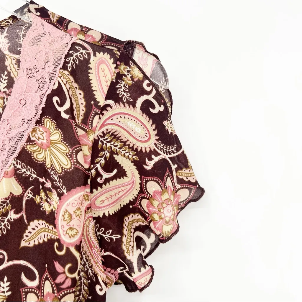 Fashion‎ Bug Vintage Y2K Floral Tie Back Lace Trim Top M - Image 4