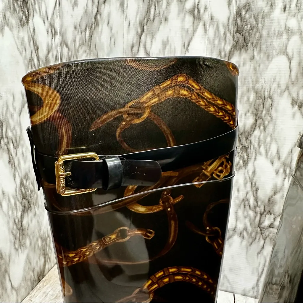 Ralph Lauren Black Gold Chain Horse Tack Pattern Rubber Rain Boots Farmcore - Image 9