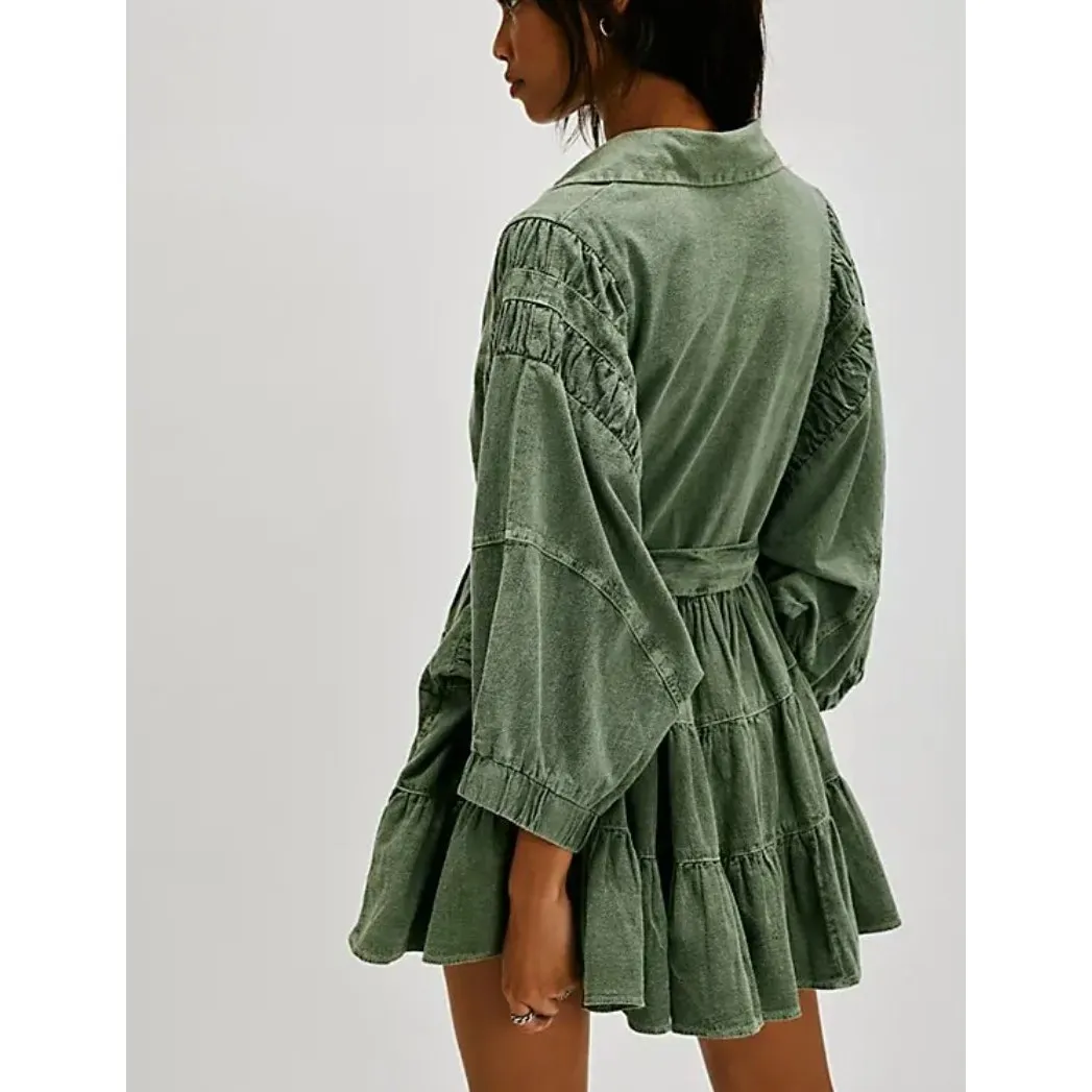 Free People Hampton Belted Mini Dress Crystal Kelp Cotton Size Medium NWOT Chic - Image 13