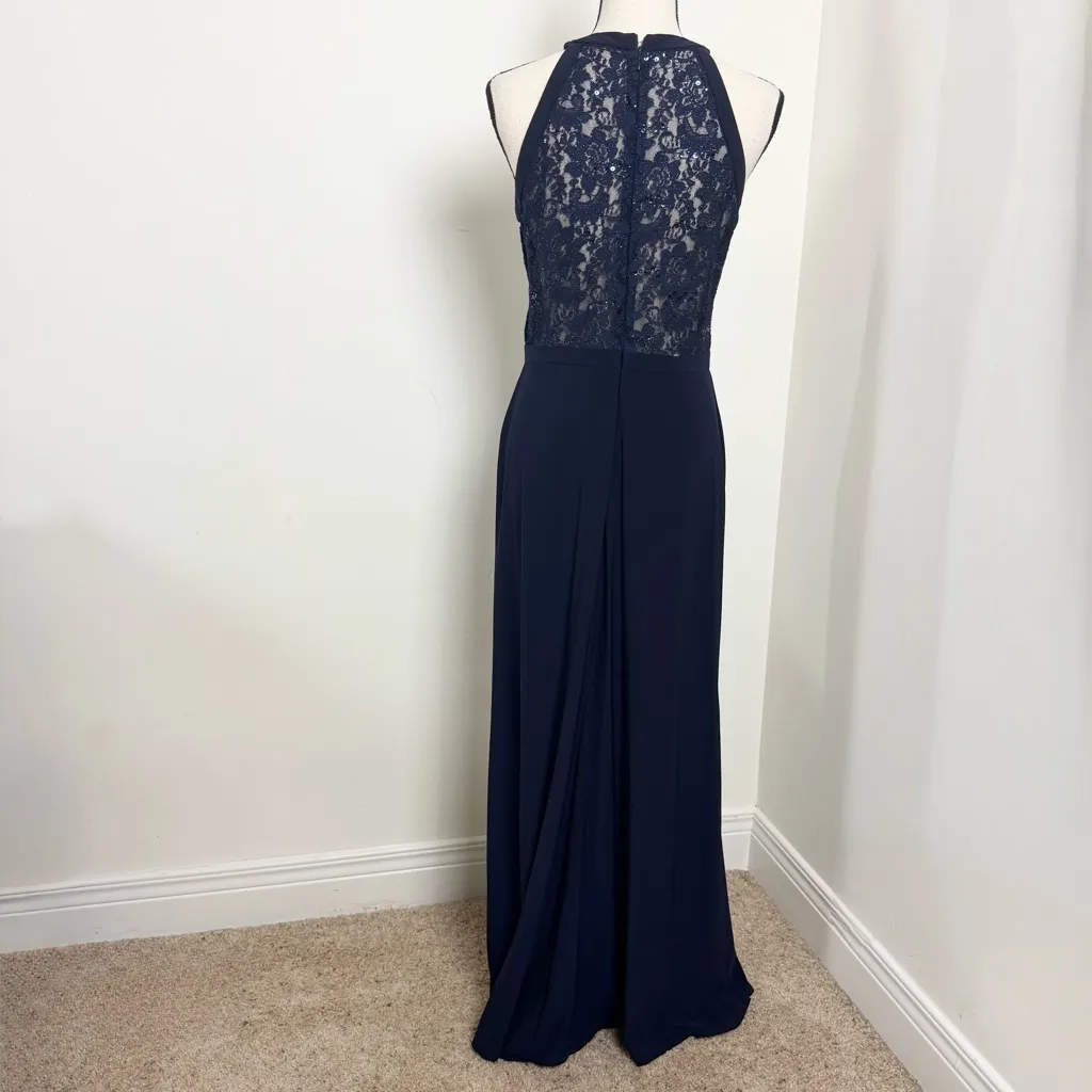 Nightway Navy Sequins Lace Gown Womens 10 Formal Maxi Gown Halter Style Slit Blue - Image 2