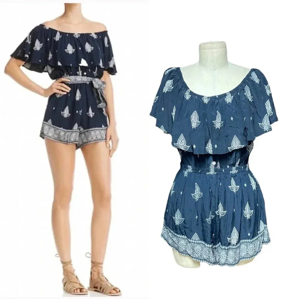 Faithfull The Brand Lane Off The Shoulder‎ Romper Navy Blue Paisley Size US 6 - Image 2