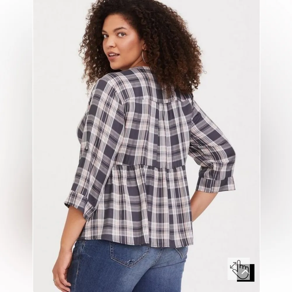 Grey Plaid Babydoll Rayon Twill Button-Front Top - Image 4