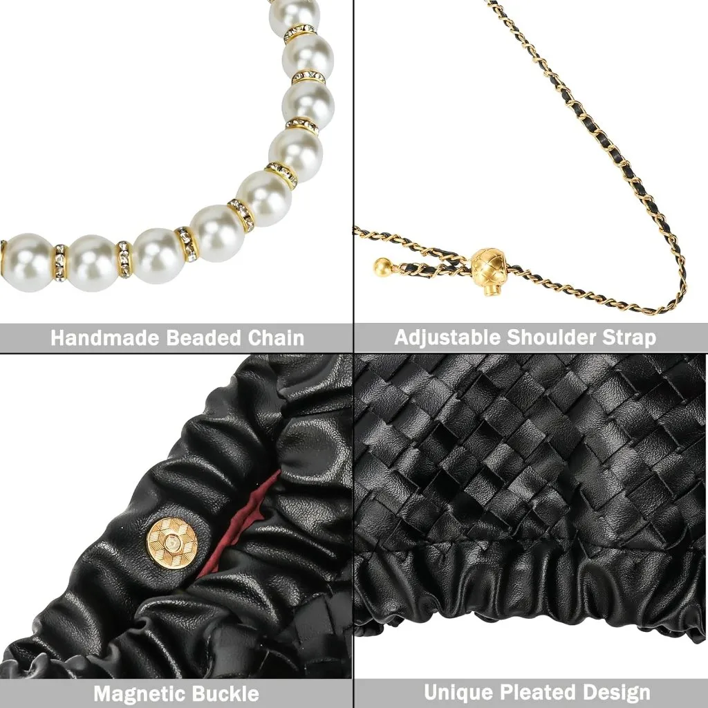 ⚡ Women's Leather Dumpling Pearl Chain Evening Black Crossbody Clutch Bag - Image 6