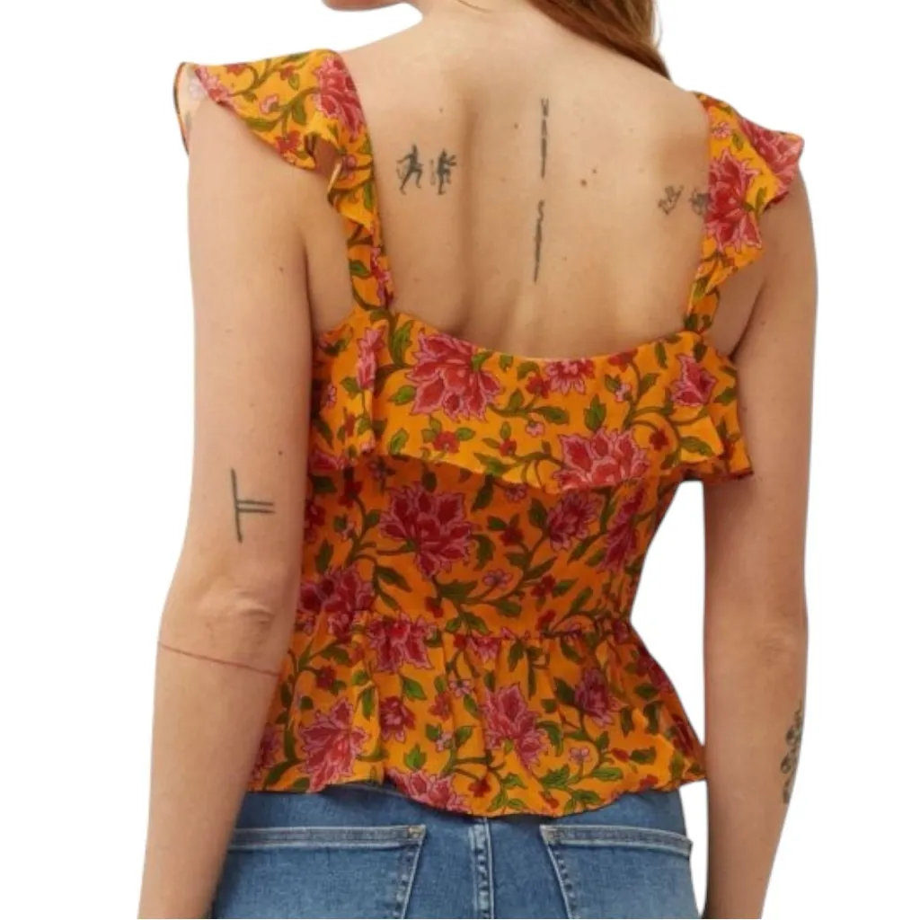 Veronica Beard Women’s 14 Hot Orange Floral Randa Ruffled Silk Peplum Flare Top - Image 6