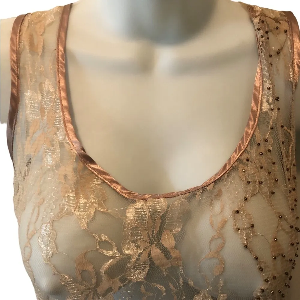 The Buckle Daytrip Floral Sheer Lace Tank M Champagne Hem Cinch Tied Beaded - Image 2