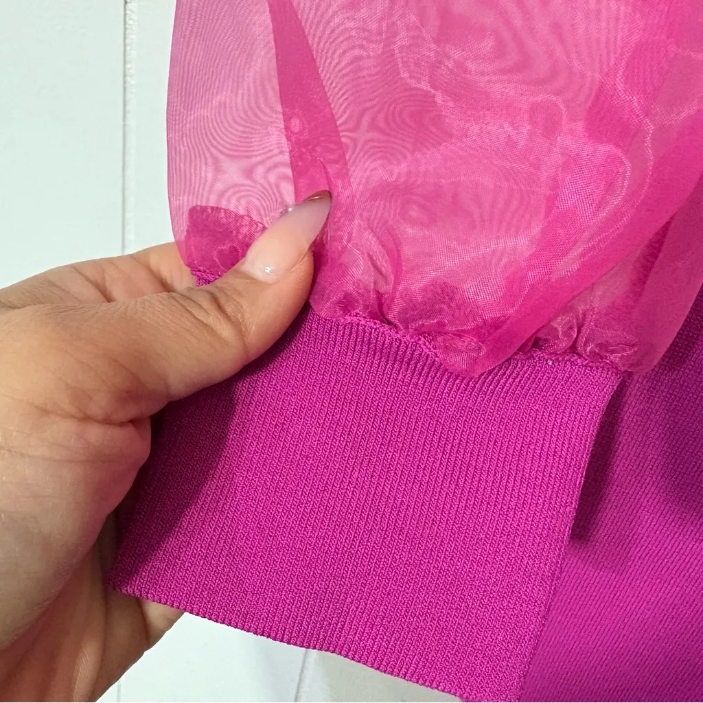 House of Harlow 1960 Fuchsia Bodycon Dress Sheer Puff Sleeves XS Pink - Image 4
