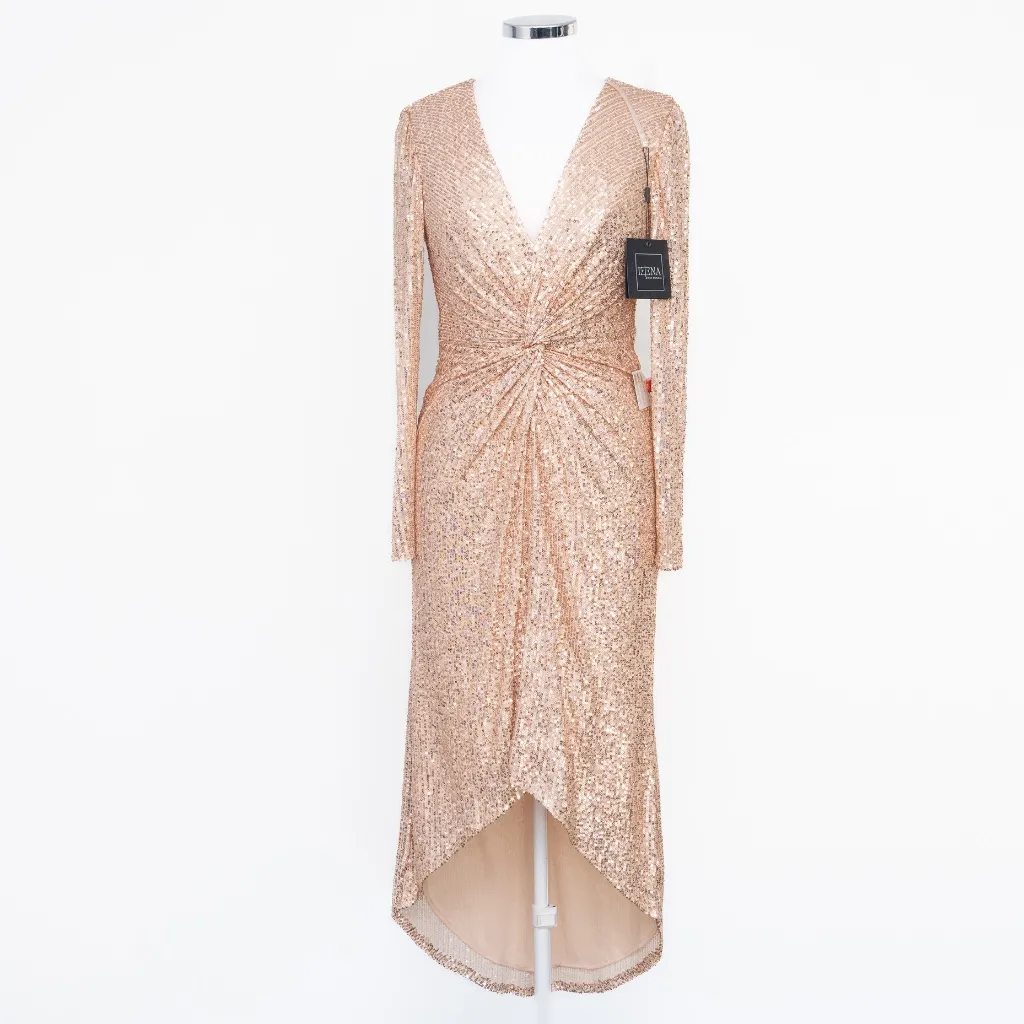 Ieena for Mac Duggal - Sequin Knotted Long Sleeve Midi Dress - Image 7