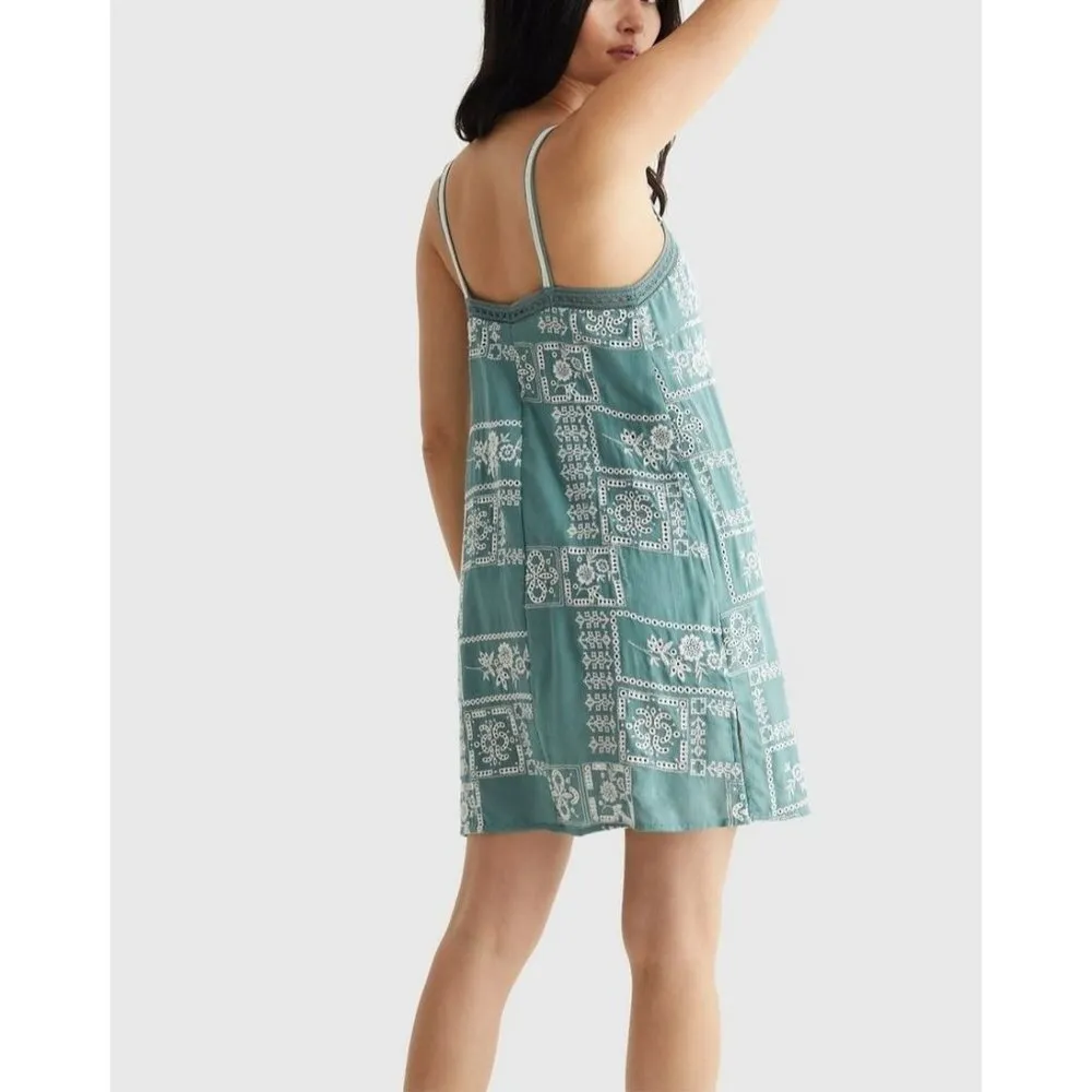 Lucky Brand Womens Embroidered Square Neck Cami Dress Geometric Green XL - Image 2