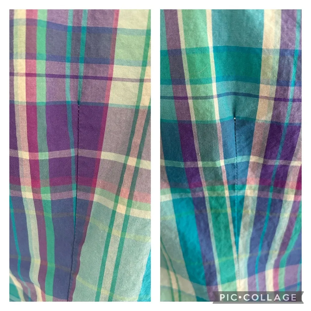 Hinge Plaid Button Down Mini Dress Top Flannel Blue Purple Green Size Medium - Image 14