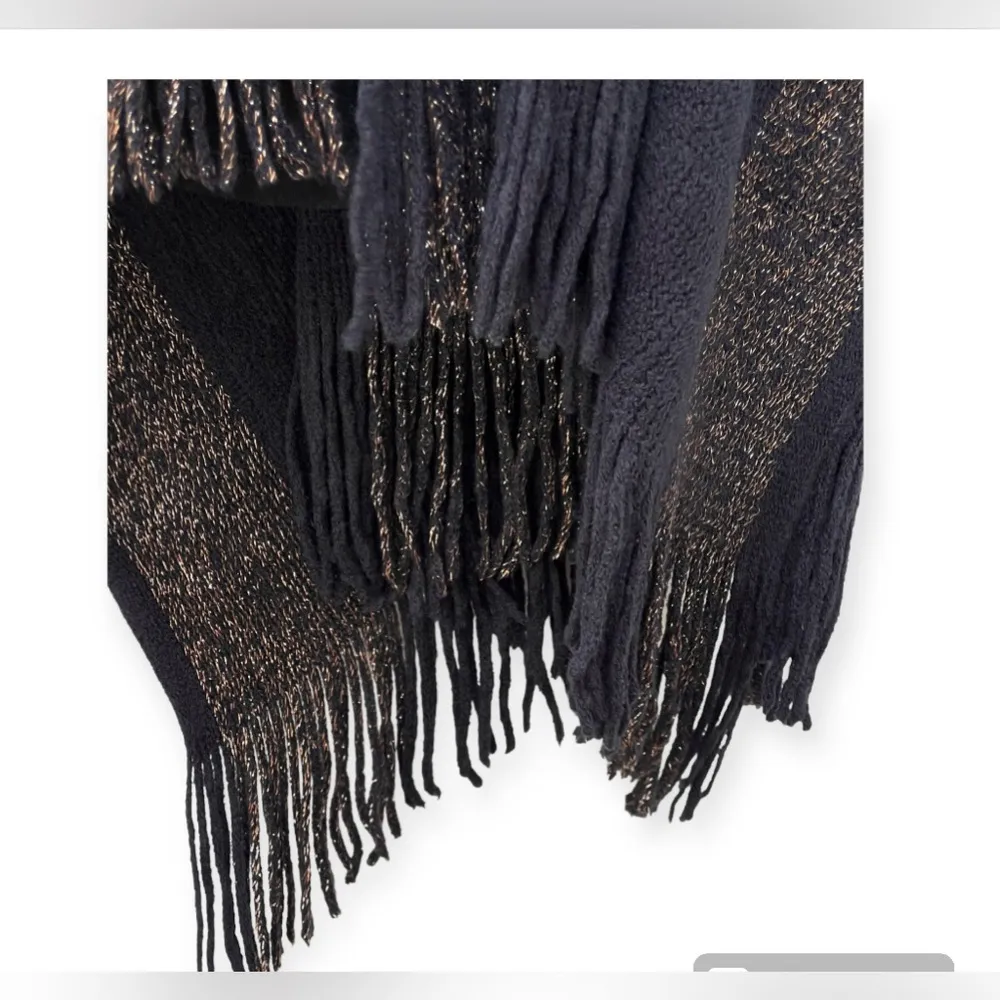 Kollie More Black Gold Glitter Open Front Wrap Shawl Poncho Fringe One Size NWOT - Image 7