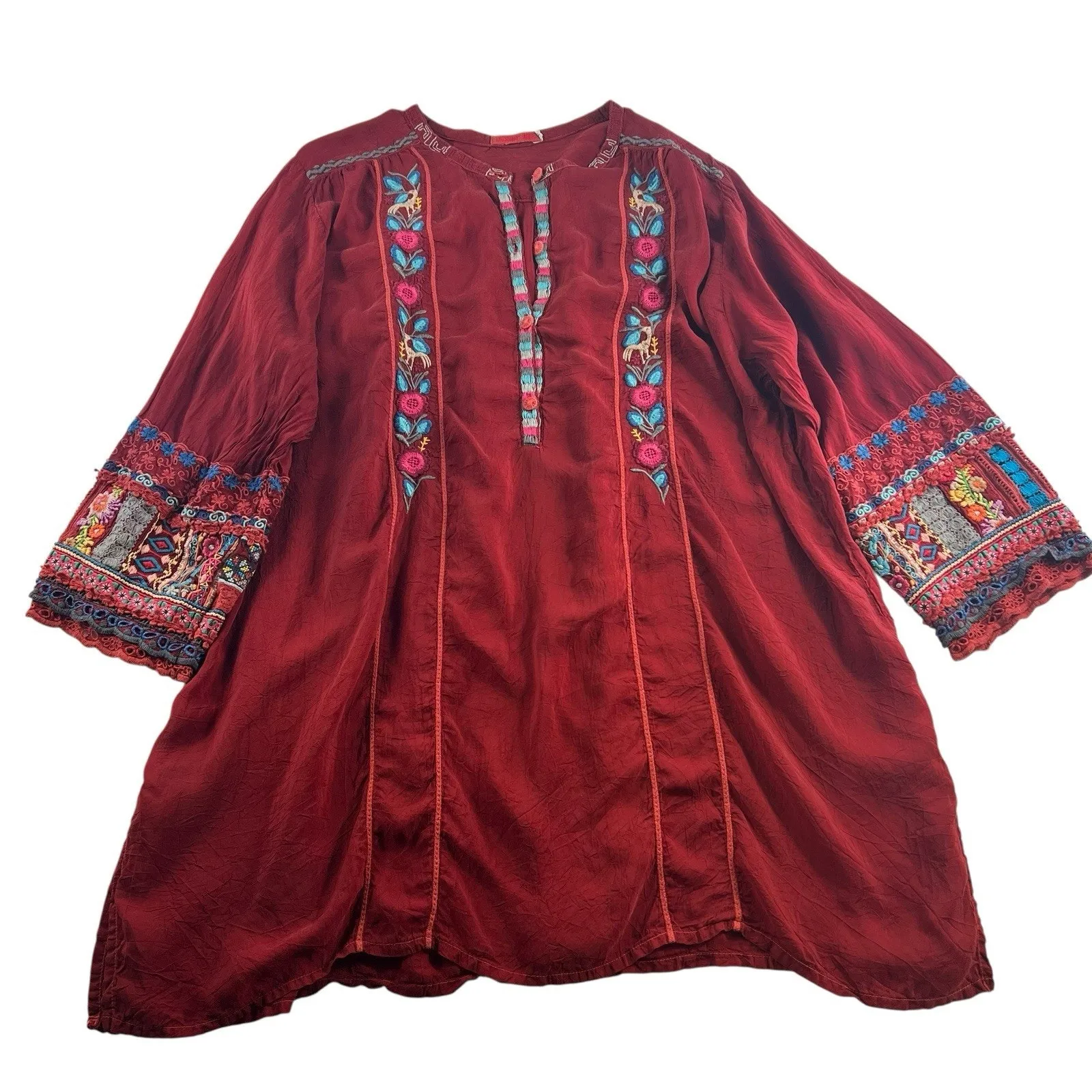 Johnny Was Plus 1X Embroidered Boho Tunic Top Bohemian Hippie Blouse Red Peasant - Image 2