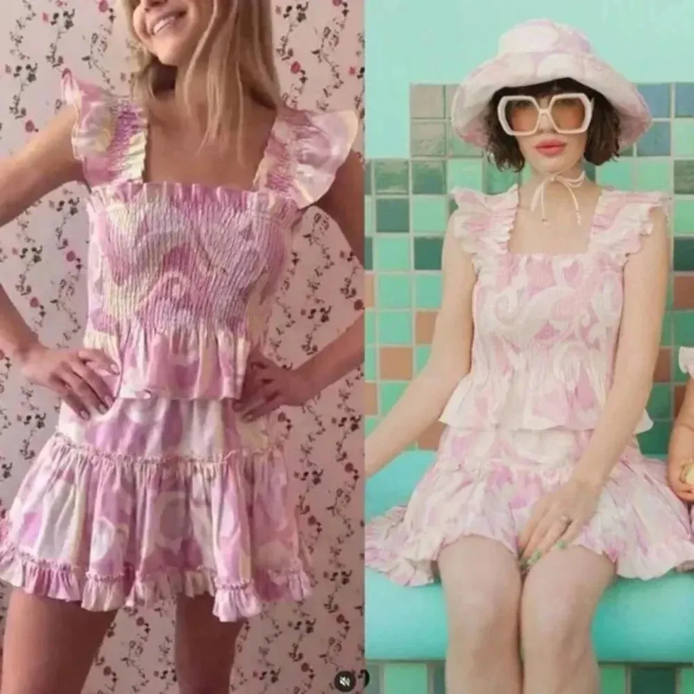 HILL HOUSE SET The Paz Nap Linen Crop Top and Skirt Candy Kaleidoscope smocked - Image 3