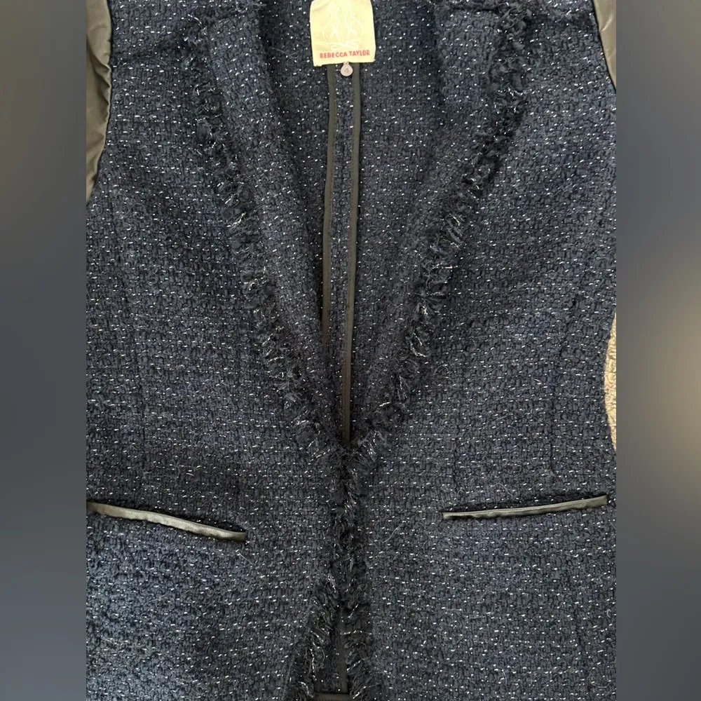 Rebecca Taylor genuine leather sleeves navy metallic tweed blazer - Image 3