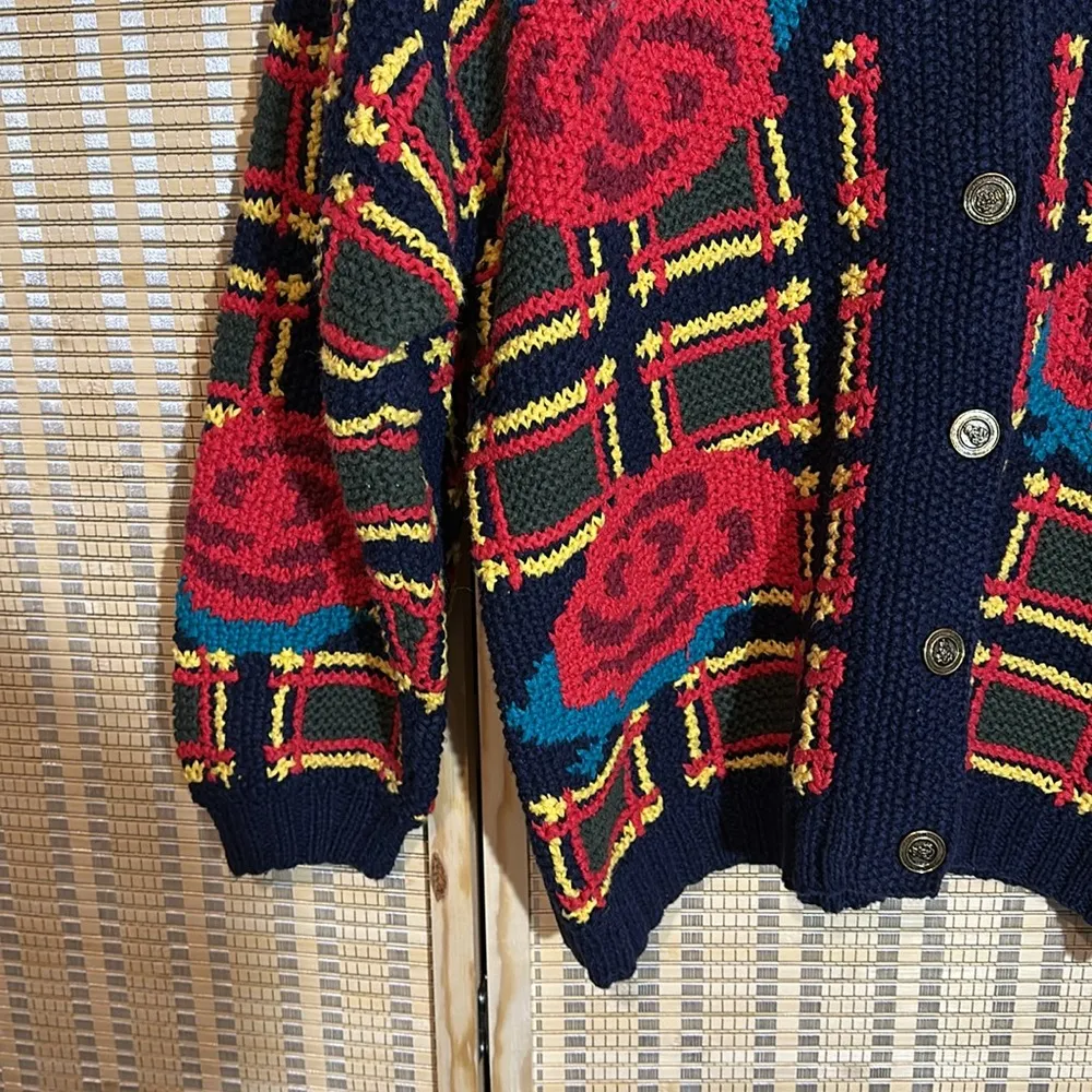 Vintage 1990s Black Chunky Knit Cardigan Square Large Floral Print Roses No Tags Blue Size undefined - Image 6