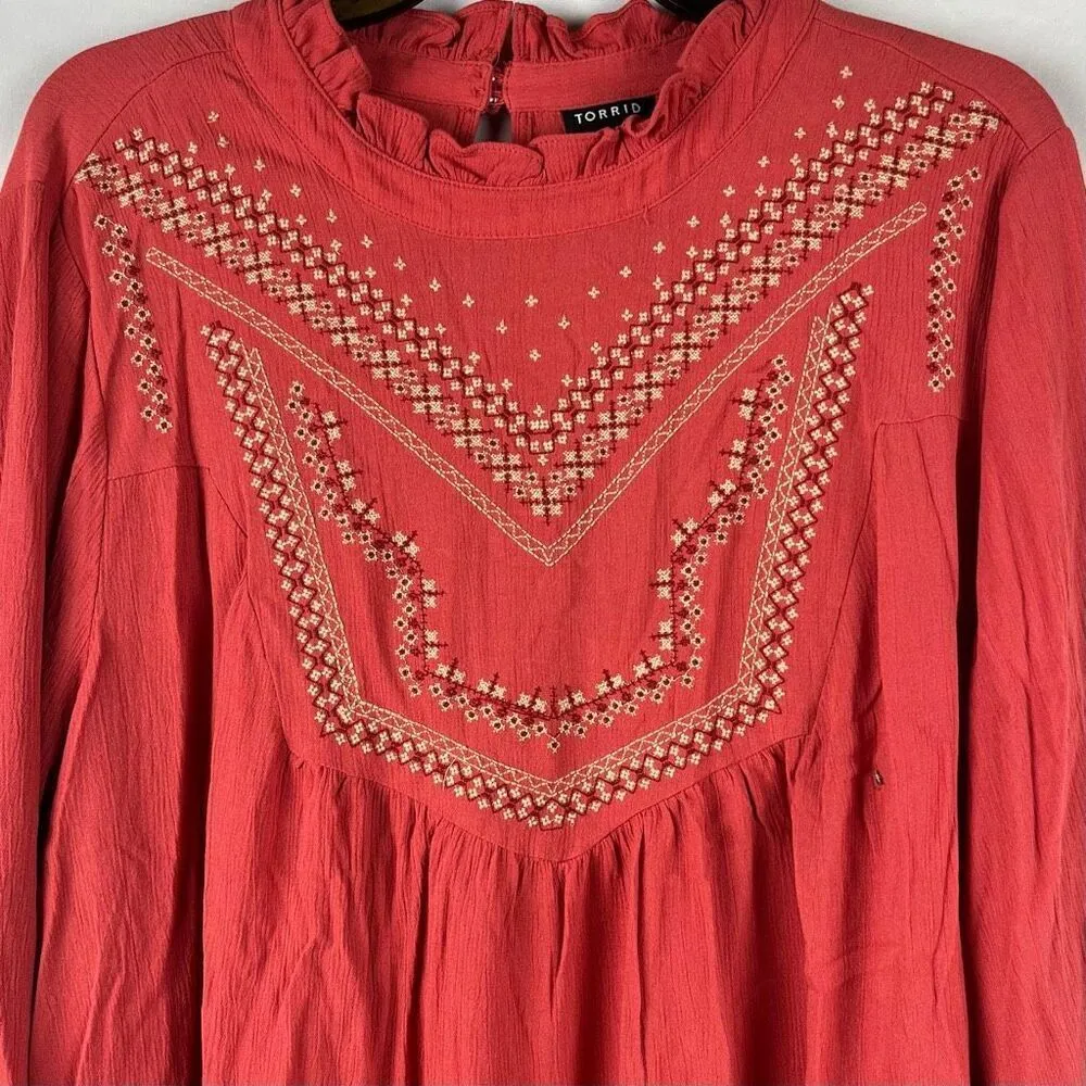 Torrid Washable Crinkle Gauze Relaxed Embroidered Blouse Baked Apple 2 2X 18-20 - Image 3