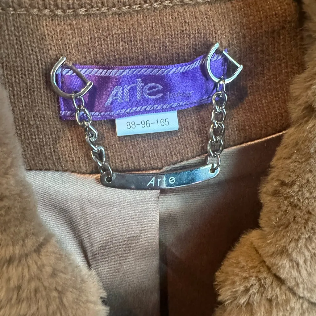 Arte International Faux Fur Trim Cardigan Sweater Sequin Rhinestone Embellshed Brown Size M - Image 3