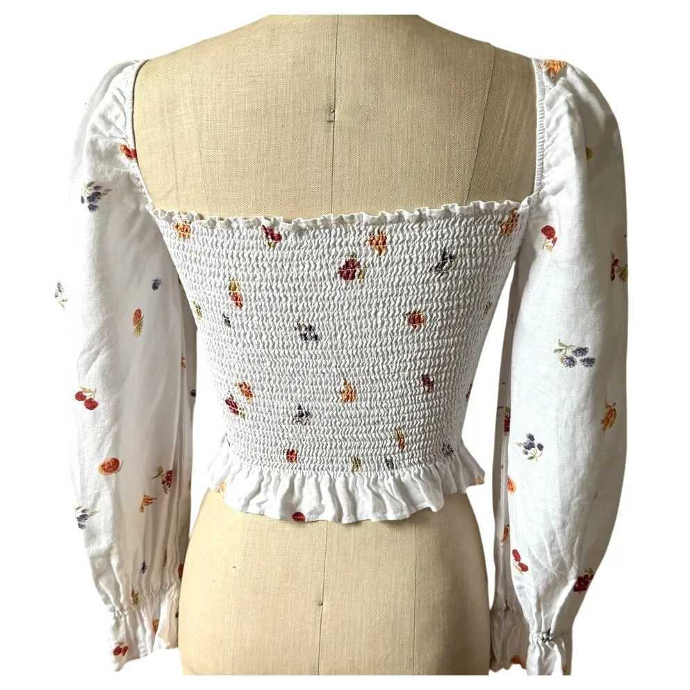 Reformation Tangerine Smocked Shirt Women’s Size Small Fruit Print - Image 3