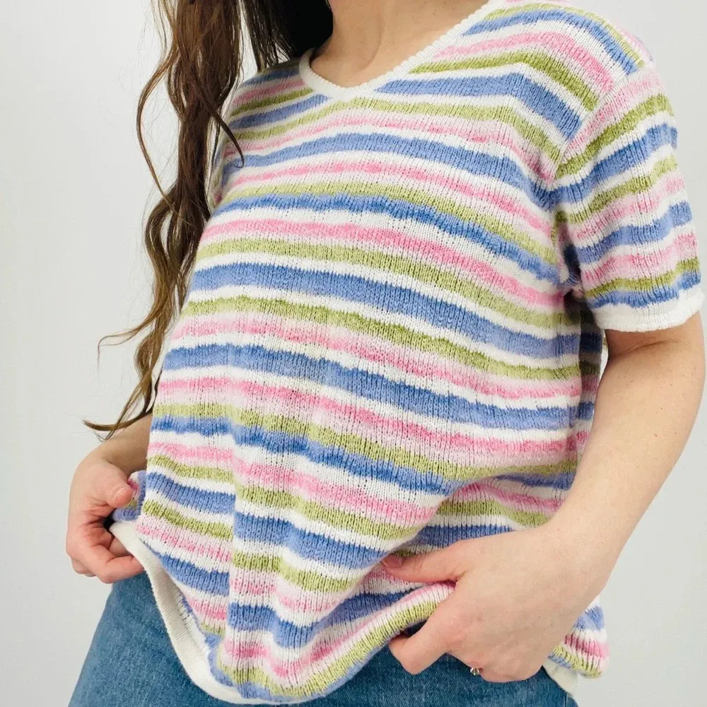 vtg cottagecore dainty scalloped pastel striped knit sweater ramie cotton top Pink Size XL - Image 2