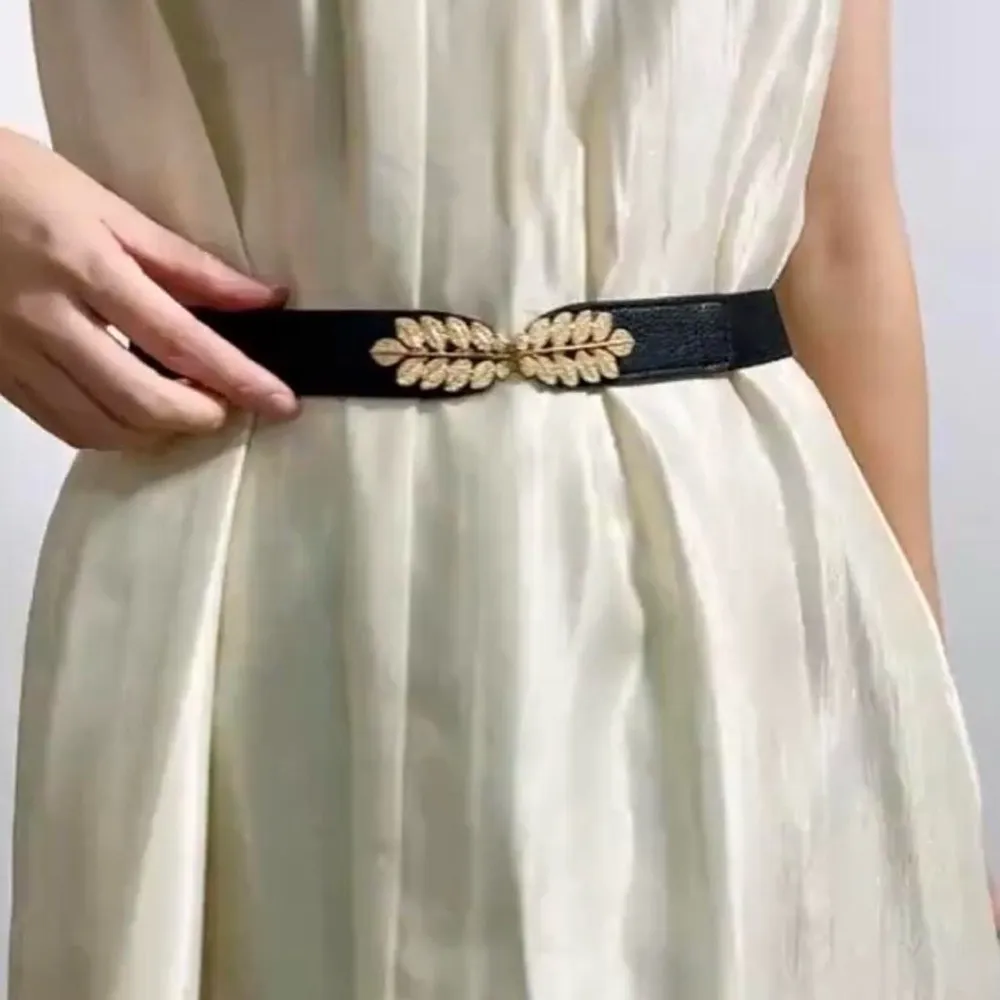 Black Elegant Gold Leaf Buckle Elastic Casual Belt Adjustable One - Image 7