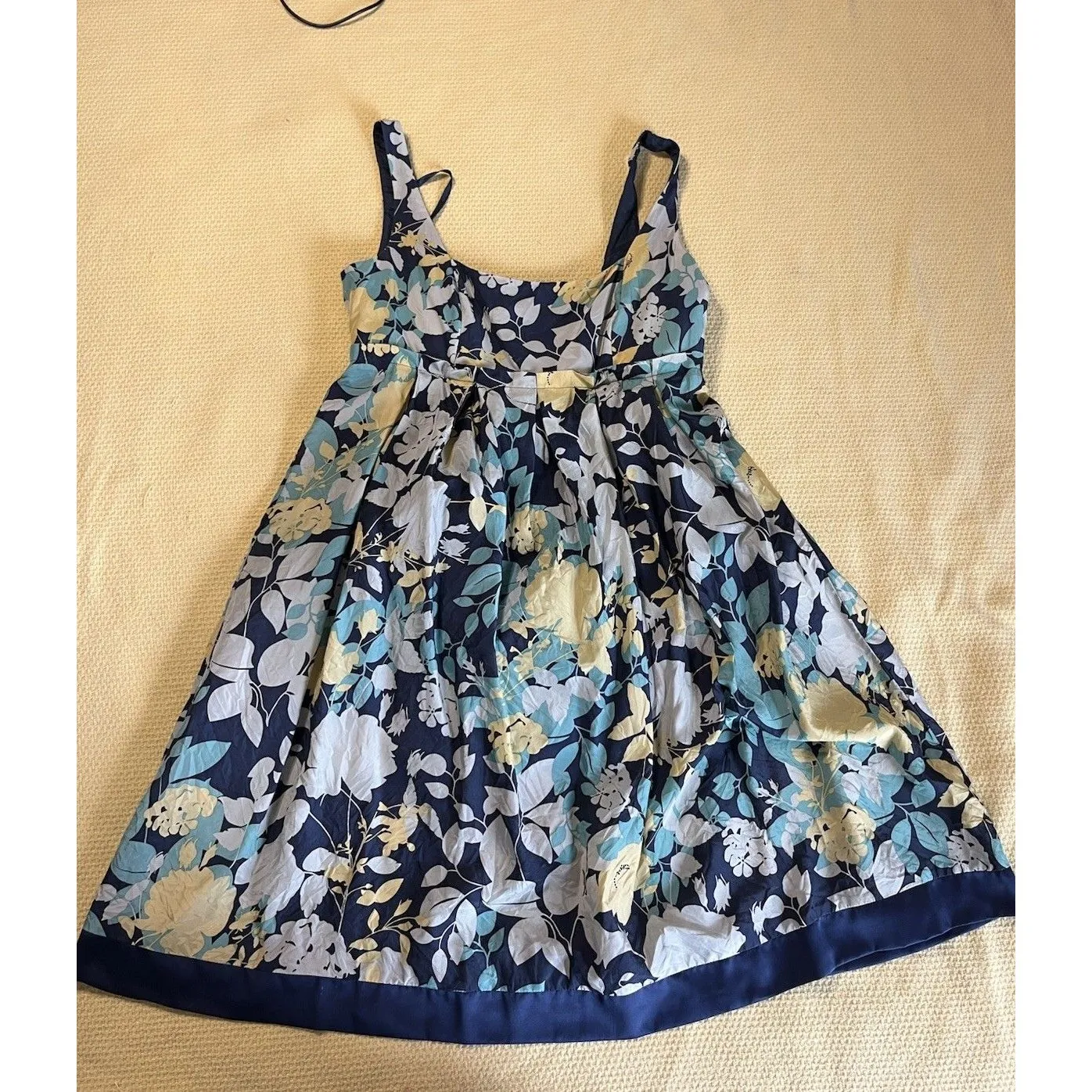 BCBG Paris Dress Floral Sleeveless Pleated Skirt Square Neck Silk Blue/Yellow 2 Blue - Image 5
