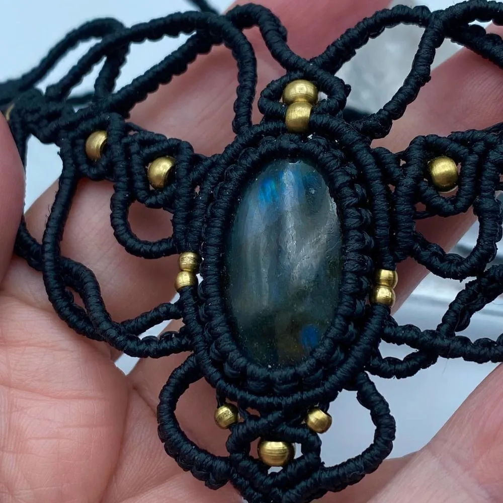 Labradorite Macramé Celine Floral Mandala Brass Boho Necklace Blue - Image 3