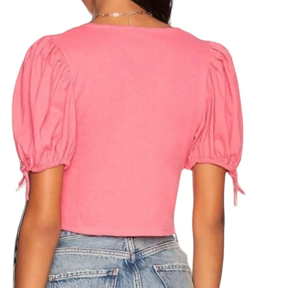 Free People Pink Kitty Tee Cropped Puff Short Sleeve Tie Front Top Womens Small - Image 5