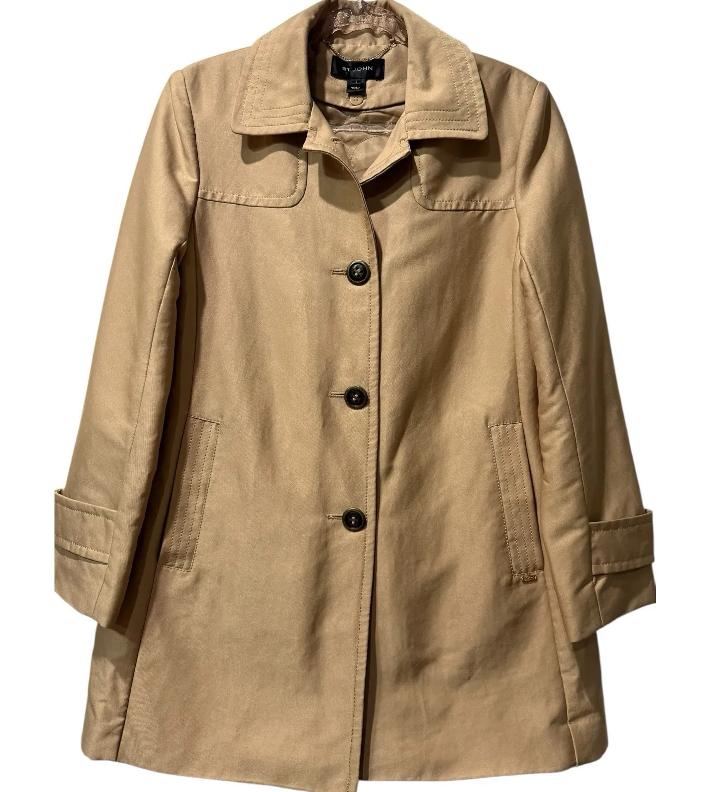 St. John Collection Tan Swing Trench Coat Quilted Satin Lining Classic Luxury S - Image 1